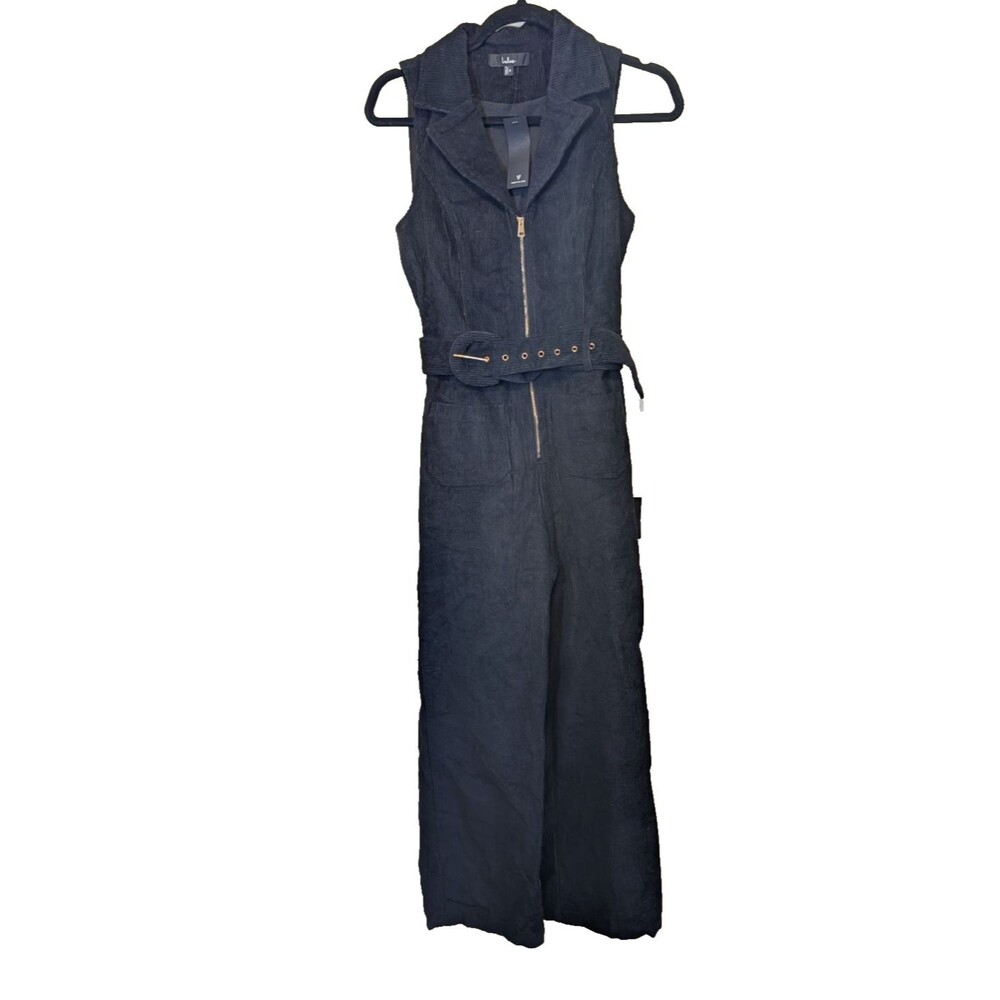 Lulus Energetic Appeal Black Corduroy Sleeveless Belted Jumpsuit Small